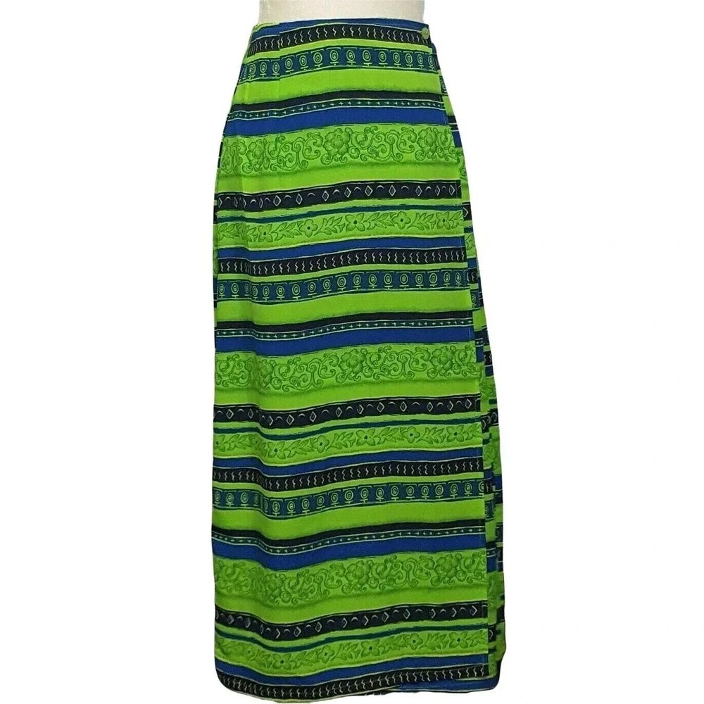 Vintage Maxi Wrap Skirt Small Floral Tribal Blue Green Polyester  L&S Designs